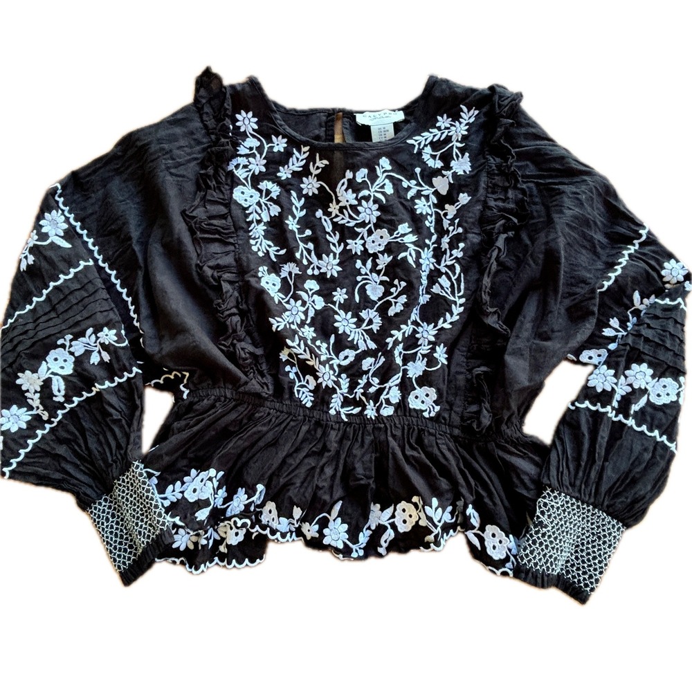 Calypso St. Barth Embroidered Black Cotton Peasant Boho Luxury‎ Blouse – Size M